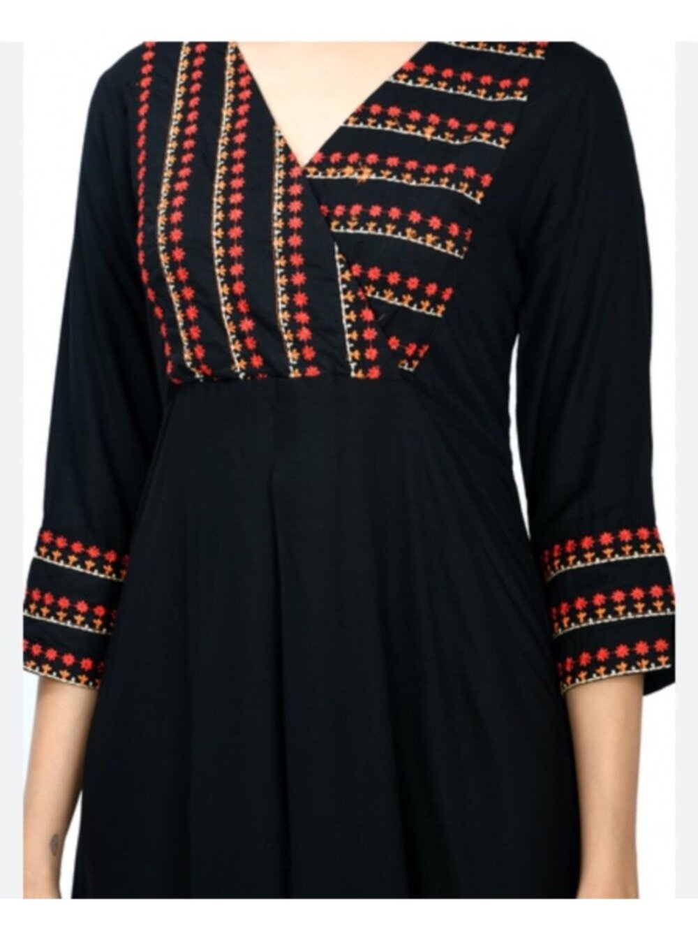 R&B Black Midi Dress, Red & Orange Embroidered Floral Pattern 3/4 Sleeves, XS